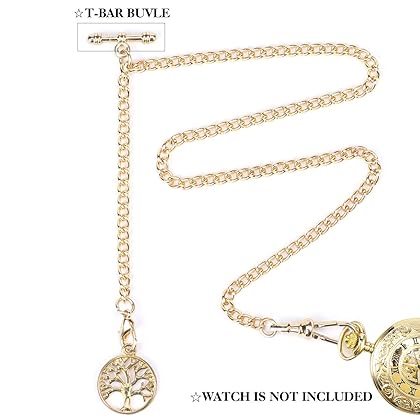 SIBOSUN Pocket Watch Albert Chain T Bar & Lobster Clasps Watch Chain Vest Chain for Men Curb Link Chain 2 Hooks with Antique Life Tree Pendant Design Charm Fob T-Bar Chain