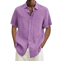 Classic Linen Button Up T-Shirt for Men Lightweight Short Sleeve Hawaiian Holiday Shirt Casual Cotton Spread Collar Tee Shirt