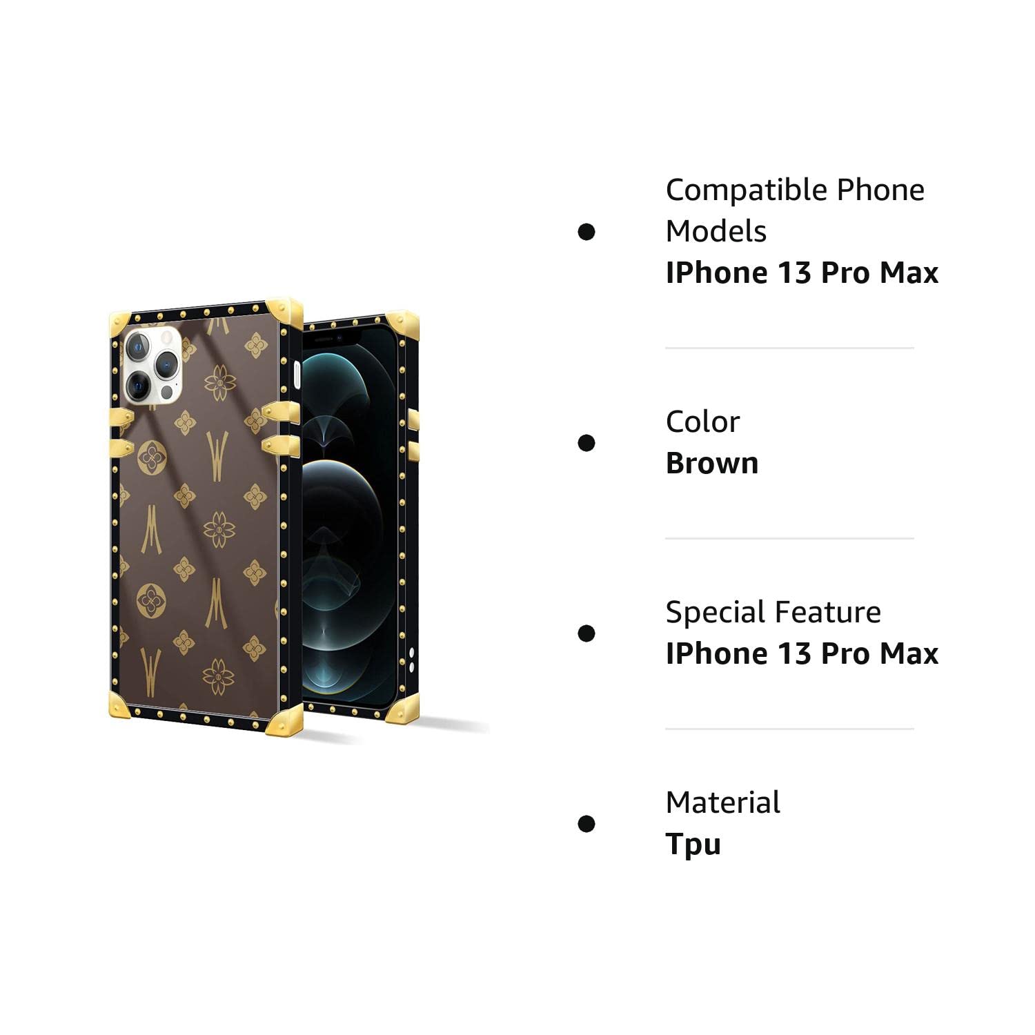 DAIZAG Case Compatible with iPhone 13 Pro Max,B Brown Square Case Luxury Elegant Women Girls Metal Decoration Corner Classic Retro Soft TPU Case for