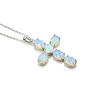 Natural Ethiopian Opal Cabochon 7X5 MM Round Gemstone 925 Sterling Silver Holy Cross Pendant Necklace October Birthstone Opal Jewelry Engagement Gift For Her (PD-8456)
