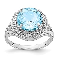 925 Sterling Silver Rhodium Plated 10mm Round Blue Topaz and CZ Cubic Zirconia Simulated Diamond Ring Jewelry Gifts for Women - Ring Size Options: 6 7 8