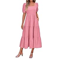Ruched Dresses for Women, Women's Puff Sleeve Square Neck Pleated Back Short Pocket Dress 2024 Modest, S XXL