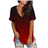Summer Outfits for Women Gradient Color Printed Ladies Tops and Blouses Casual Short Sleeve Shirts V Neck Tshirts Tees