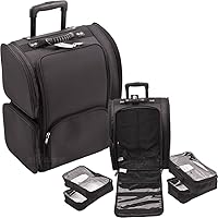 All Black Soft_Sided Professional Rolling Makeup Case with Removable Clear Bags - C6401