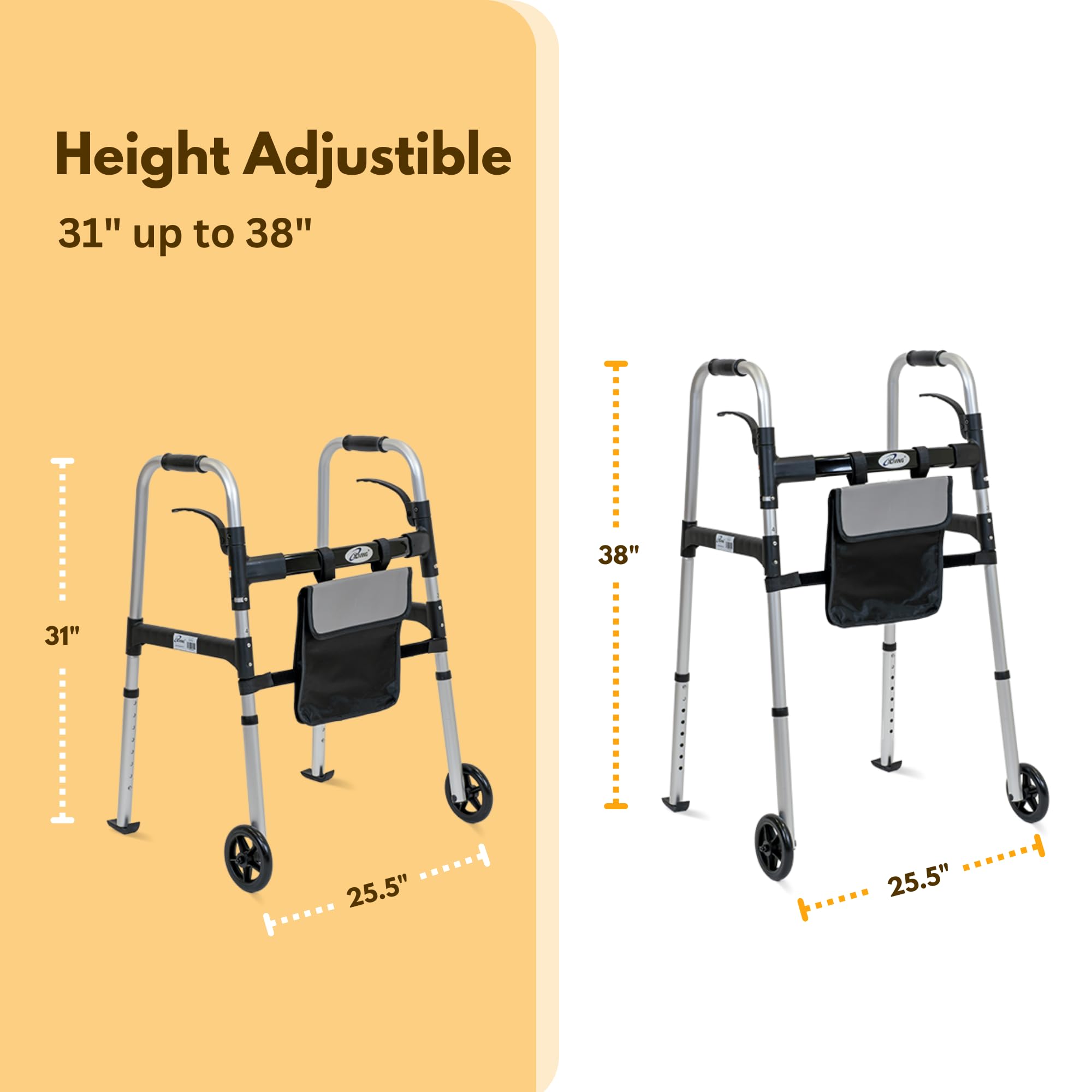 iLiving Easy Folding Rolling Walker with Shopping Bag Basket and Glide Skis - Upright Mobility Aid for Senior or Adults, Foldable and Adjustable Height Supports up to 350 lbs, Standard Walker, Silver