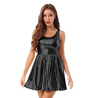 FEESHOW Sleeveless Skater Dress for Women Shiny Metallic Club Party Dresses Flare Ruffle A Line Dress