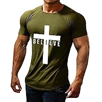 Men's Vintage Oil Painting Faith Jesus Cross Print Casual T-Shirts Christ Summer Crewneck Short Sleeve Shirts Tees Plus Size