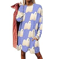 Puli Dog Pattern Women's Long Sleeve Tunic Tops Casual Shirts Crew Neck Long T Shrits with Pocket