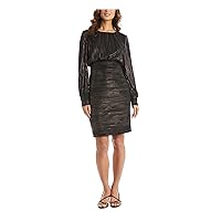 Womens Black Stretch Metallic Fitted Lined Zippered Hook-and-Eye Striped Blouson Sleeve Scoop Neck Above The Knee Cocktail Body Con Dress Petites 14P