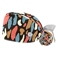 2 Packs Leopard Pattern Nurse Scrub Caps Women Long Hair, Adjustable Tie Back Skull Hat, One Size Working Head Cover