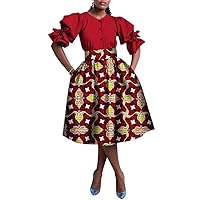 African Dashiki 2PCS Traditional Dresses for Women Wax Print V-Neck Short Puff Sleeve Knee-Length Elegant Party Dress