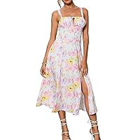 Floral Midi Corset Dress Boho Flowy Slit Lace Up Dresses for Women Going Out A Line Casual Sundress