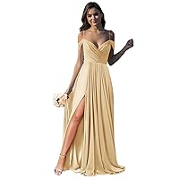 Women’s Off Shoulder Bridesmaid Dresses with Pockets Long Spaghetti Straps Pleats Formal Dress with Slit