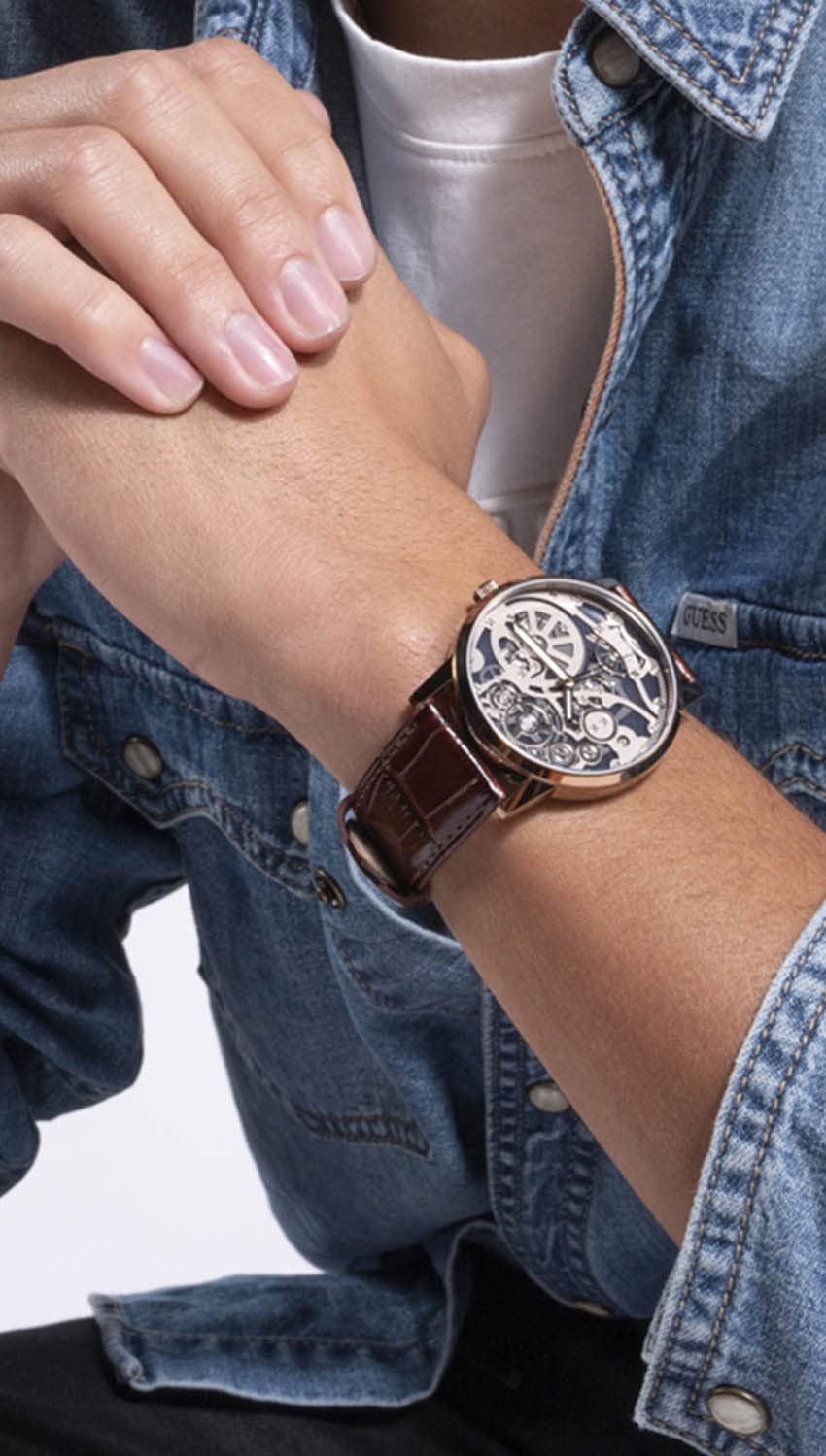 GUESS Men's 42mm Watch - Brown Strap Skeleton Dial Coffee Case