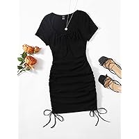 Women's Dress Dresses for Women Ruched Drawstring Side Bodycon Dress (Color : Black, Size : Medium)