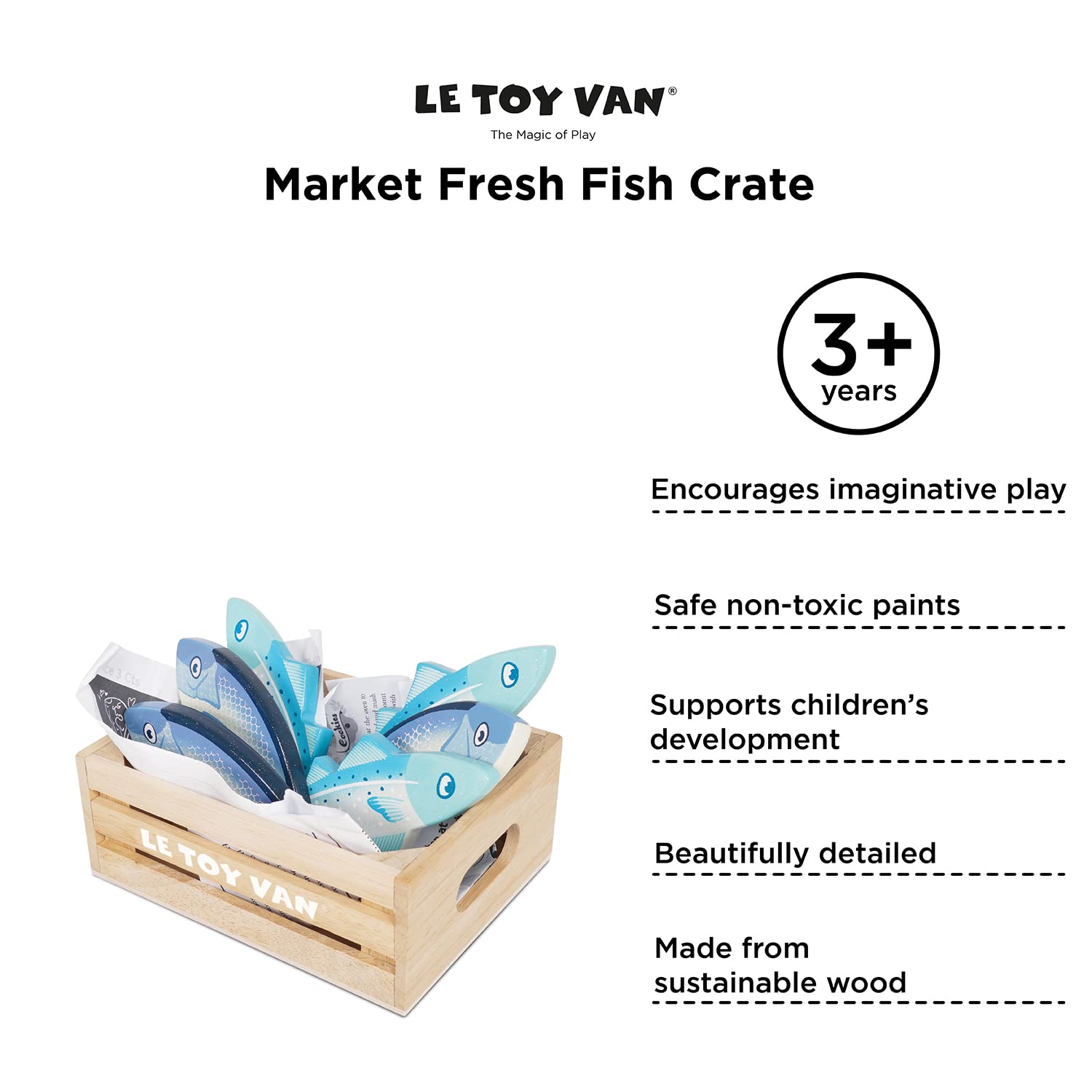 Le Toy Van - Wooden Honeybee Market Fresh Fish Crate | Wooden Role Play Toy | Supermarket Pretend Play Shop Food