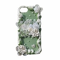 Handmade Case Designed for iPhone 13 Mini Max for Girls Women Fancy Green Butterfly Painting 3D Flowers Drawing Art(003iPhone13Mini)