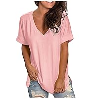 T Shirts Short Sleeve V Neck Tees for Women Plus Size Tops Trendy Lightweight Soft Casual Summer Outfits Clothes