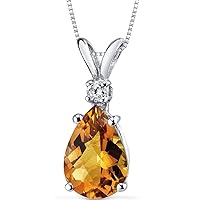 PEORA 14K White Gold 1.60 Carats Natural Citrine and Diamond Pendant, Elegant Teardrop Solitaire, AAA Grade Pear Shape 10x7mm