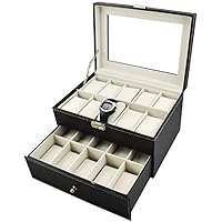 Watch Box Leather Display Glass Watch Box Large Mens Black Top Jewelry Case Organizer (20 Slots) Watch Organizer Collection