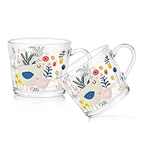 Coffee Mugs Set of 2,15 Ounce Large Clear Printed Glass Cups with Handle,Perfect for Breakfast Tea,Milk,Beverage,Oats,yoghurt-fresh summer style(Cartoon Bird)