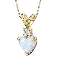 PEORA 14K Yellow Gold Created White Opal and Genuine Diamond Pendant for Women, Heart Shape Solitaire, 6mm