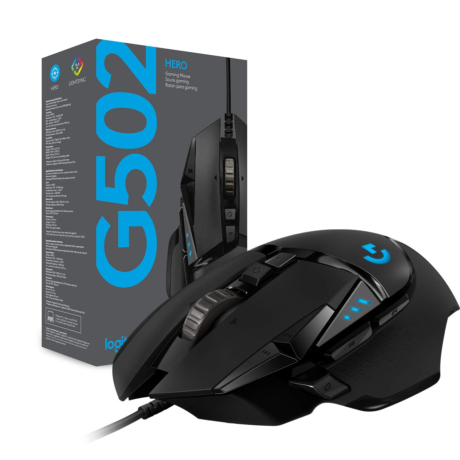 Logitech G502 HERO High Performance Wired Gaming Mouse, HERO 25K Sensor, 25,600 DPI, RGB, Adjustable Weights, 11 Programmable Buttons, On-Board Memory, PC / Mac, Black