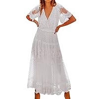 Women Summer Short Sleeve V Neck Floral Lace Wedding Bridesmaid Dress Boho Style Maxi Party Gown Long Dress Maxi