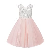 PLUVIOPHILY Tulle Flower Girl Dress for Wedding Lace Appliques Bridesmaid Party Dress with Detachable Bow
