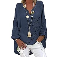Womens Plus Size Tops Work Plus Size Shirt Ladies Summer Boho Long Sleeve V Neck Buttons Shirts Fitted Printed Stretchy T Shirts for Women Navy Long Sleeve Tee Shirts for Women 4X-Large