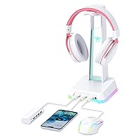 RGB Headphone Stand with 3.5mm AUX and 3 Port USB 2.0 Hub, Universal Gaming Headset Hanger Holder for Computer Gaming Gamer Accessories (White)