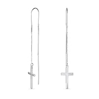 Minimalist Light Weight Linear Long Religious Chain Dangle Spiritual Religious Cross Threader Earrings For Women Teen Rose Gold Plated .925 Sterling Silver Stabilizing U Wire Hook