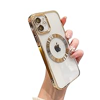 Threehundred for iPhone 12 Case Magnetic Clear with Camera Lens Protector Full Protection MagSafe Electroplated Silicone Dust-Proof Net Shockproof Protective Case Cover 6.1 Inch - Gold