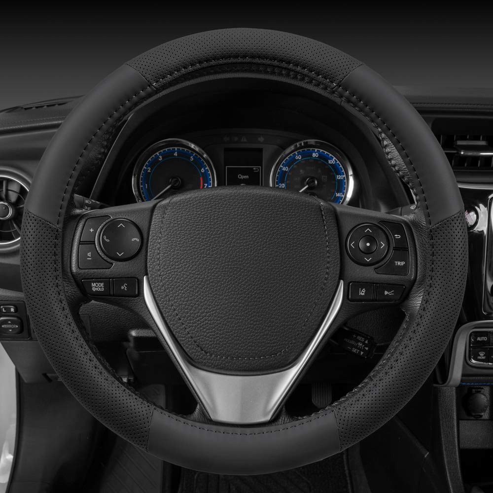 Motor Trend Black Soft Touch Steering Wheel Cover – Perforated Microfiber Leather with Classic Stitching for Sizes 14.5 to 15 inch