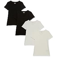Amazon Essentials Women's Classic-Fit Short-Sleeve V-Neck T-Shirt, Pack of 4, Black/White, Medium