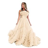 Strapless Tulle Prom Dresses Ruched Pleated Ruffle Formal Princess Party Evening Gown for Women ZJ36