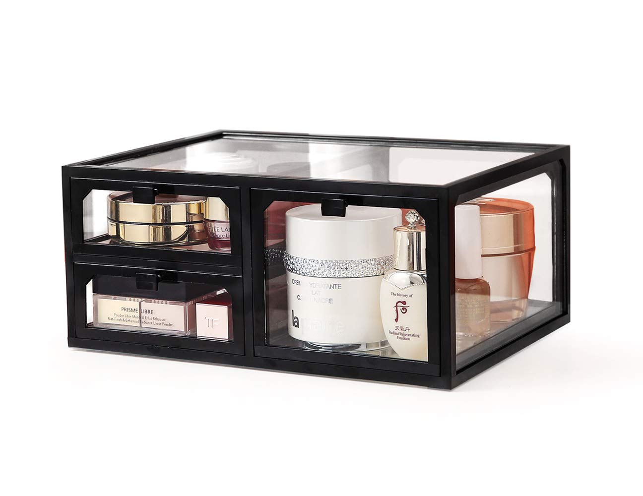 MOOCHI Black Vintage Glass Cosmetic Makeup Organizer 3 Drawers Set Dust Waterproof Cosmetics Storage Display Case Countertop for Brushes Lipsticks Jewelry