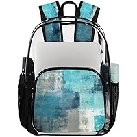 Turquoise Grey Abstract Art Clear Backpack Heavy Duty Transparent Bookbag for Women Men See Through PVC Backpack for Security, Work, Sports, Stadium