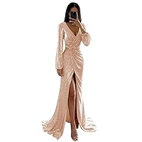 UZN Long Sleeve Sequin Prom Dresses Long Split for Women Sparkly V Neck Formal Evening Party Gowns