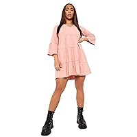 Elina fashion Women's Faux Georgette Flared Mini 3/4 Sleeve Solid Dress V-Neck Summer Casual Tiered Dresses