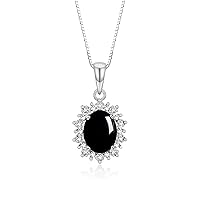 Princess Diana Inspired Necklace: Gemstone & Diamond Sterling Silver Pendant, 18 Chain, 9X7MM Birthstone, Women's Jewelry