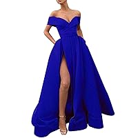 Formal Dresses for Women 2024 Satin Off Shoulder V Neck Long Formal Evening Gowns Pleated Slit Elegant Backless Prom Dress