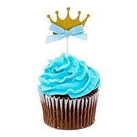 Restaurantware Top Cake Inch Crown Cupcake Toppers 100 Glitter Crown Cupcake Picks - Blue Bow For Birthday Parties Or Baby Showers Gold Paper Crown Cake Decorations Royal Prince Theme Decorations
