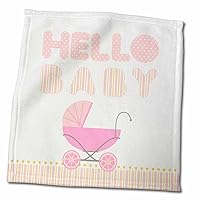 3dRose Baby Pink Stroller and Hello Baby Message on Pink and Yellow Stripes... - Towels (twl-156664-3)