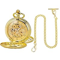 SIBOSUN Pocket Watch Chain Albert T-Bar Lobster Buckle Gold Plated 14 Inch Chains Link Vest Pocket Watch Skeleton Mechanical Double Case Hand-Wind Gold Roman Numerals Antique Mens