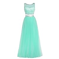 Women 2 Piece Beaded Prom Dress Boat Neck Tulle Evening Gown 2021