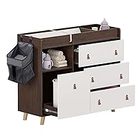 BANIROMAY Baby Changing Table Dresser with Drawers, Baby Nursery Dresser with Waterproof Changing Diaper Pad, Safety Belt and Hidden Trash Storage (White + Walnut)