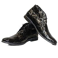 PeppeShoes Modello Sinomo - Handmade Italian Mens Color Black Ankle Chukka Boots - Goatskin Embossed Leather - Lace-Up