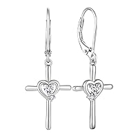 Cross Earrings Sterling Silver Opal Crucifix Dangle Drop Earrings Heart Birthstone Religious Jewelry for Women