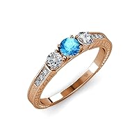 Blue Topaz and Diamond Milgrain Work 3 Stone Ring with Side Diamond 0.85 ct tw in 14K Rose Gold